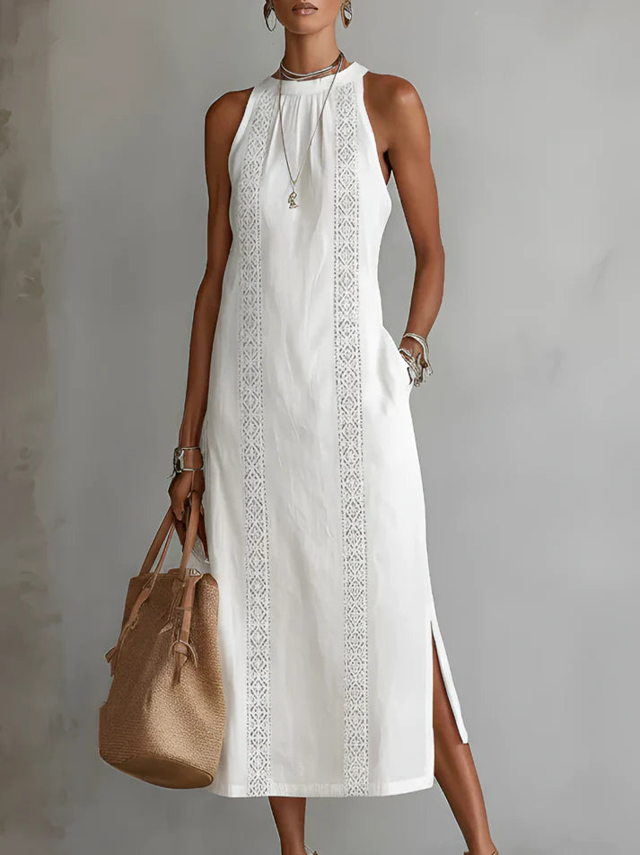 Jimena | Vestido Midi de Lino con Cuello Mao Elegante