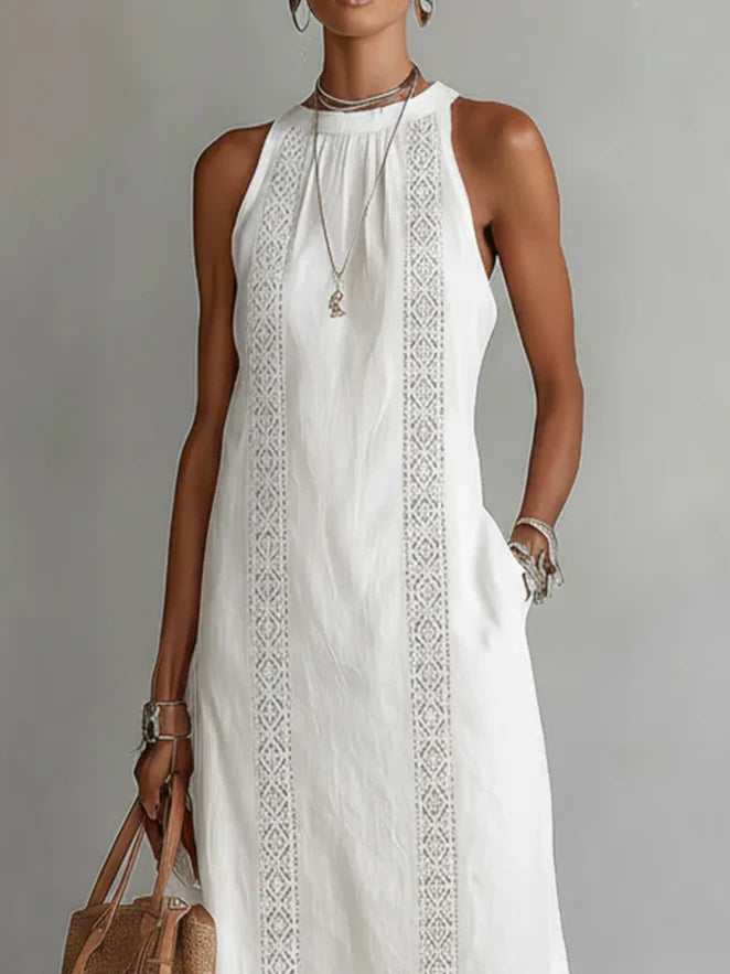 Jimena | Vestido Midi de Lino con Cuello Mao Elegante