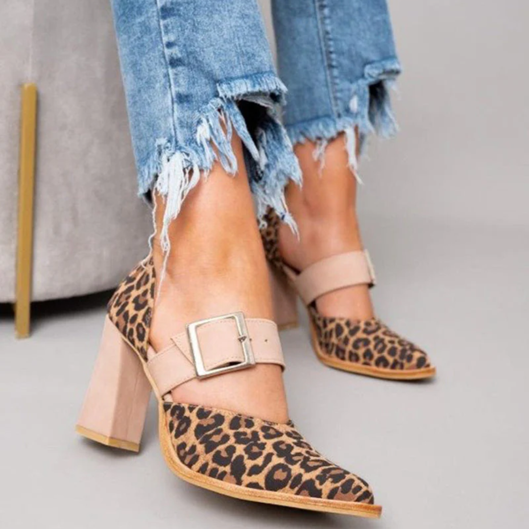 Ivanna | Sandalias de leopardo de ante con tacones estables