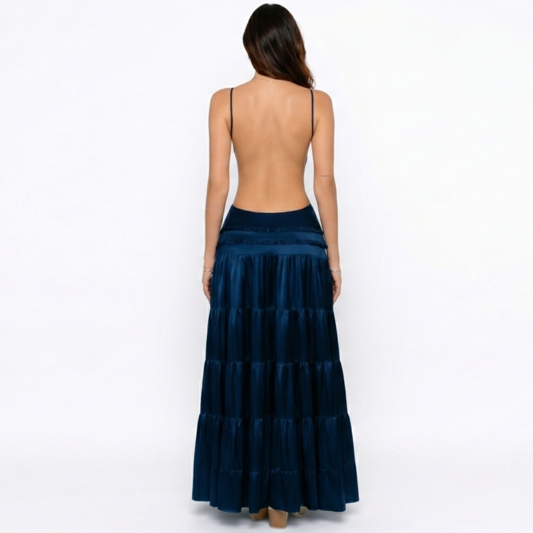 Celeste | Vestido Largo Verde con Espalda Abierta y Capas Fluídas