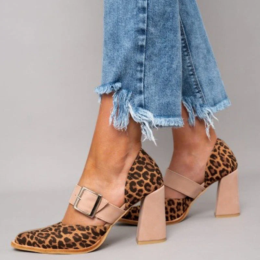 Ivanna | Sandalias de leopardo de ante con tacones estables