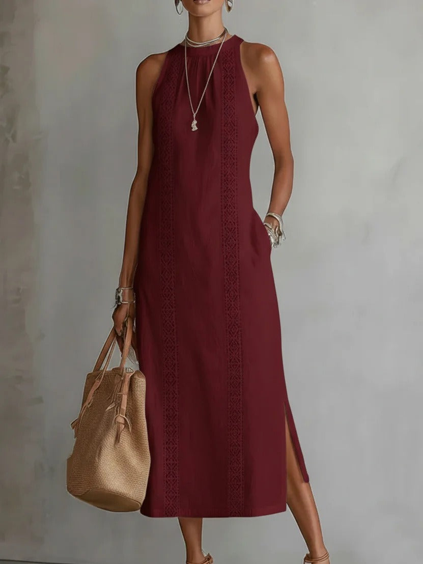 Jimena | Vestido Midi de Lino con Cuello Mao Elegante